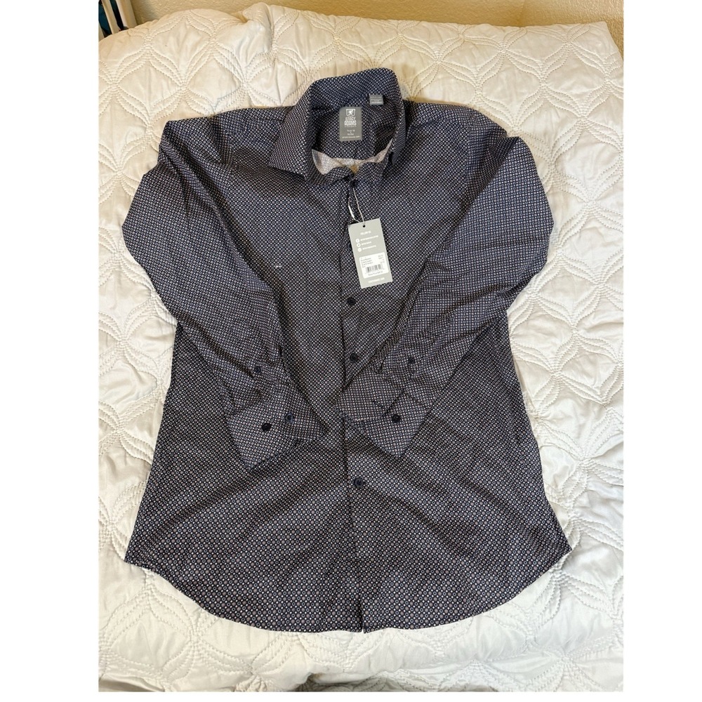 Stacy Adams Slim Fit Navy‎ Geometric Stretch Dress Shirt 14.5-15 32/33